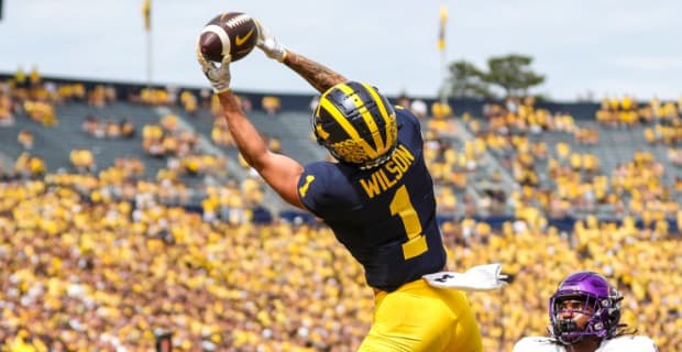 Michigan Wolverines wide receiver Roman Wilson catches a touchdown pass during a college football game.